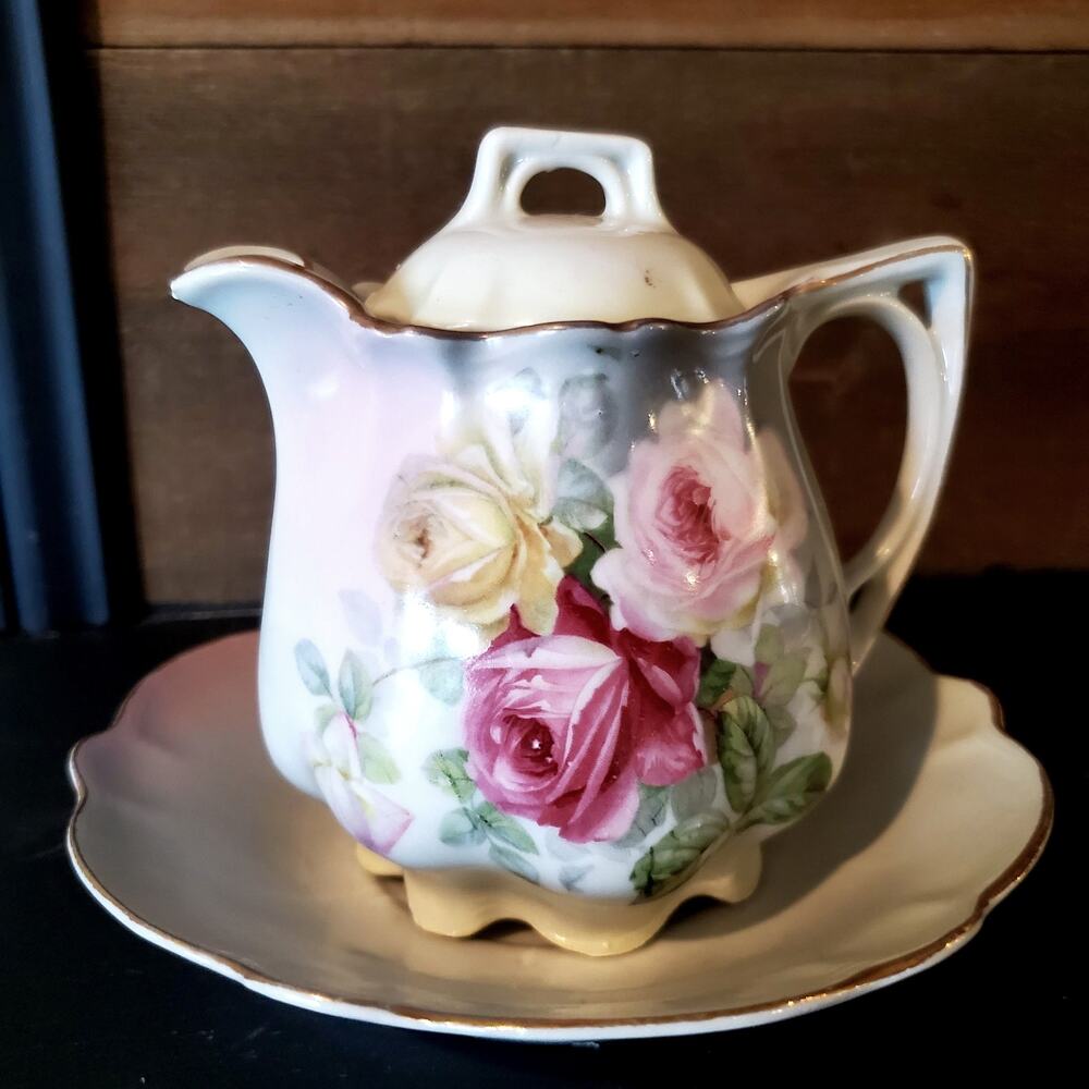 Vintage Lidded Creamer & Plate Germany Made Adult's 4.5" Floral Rose Porcelain